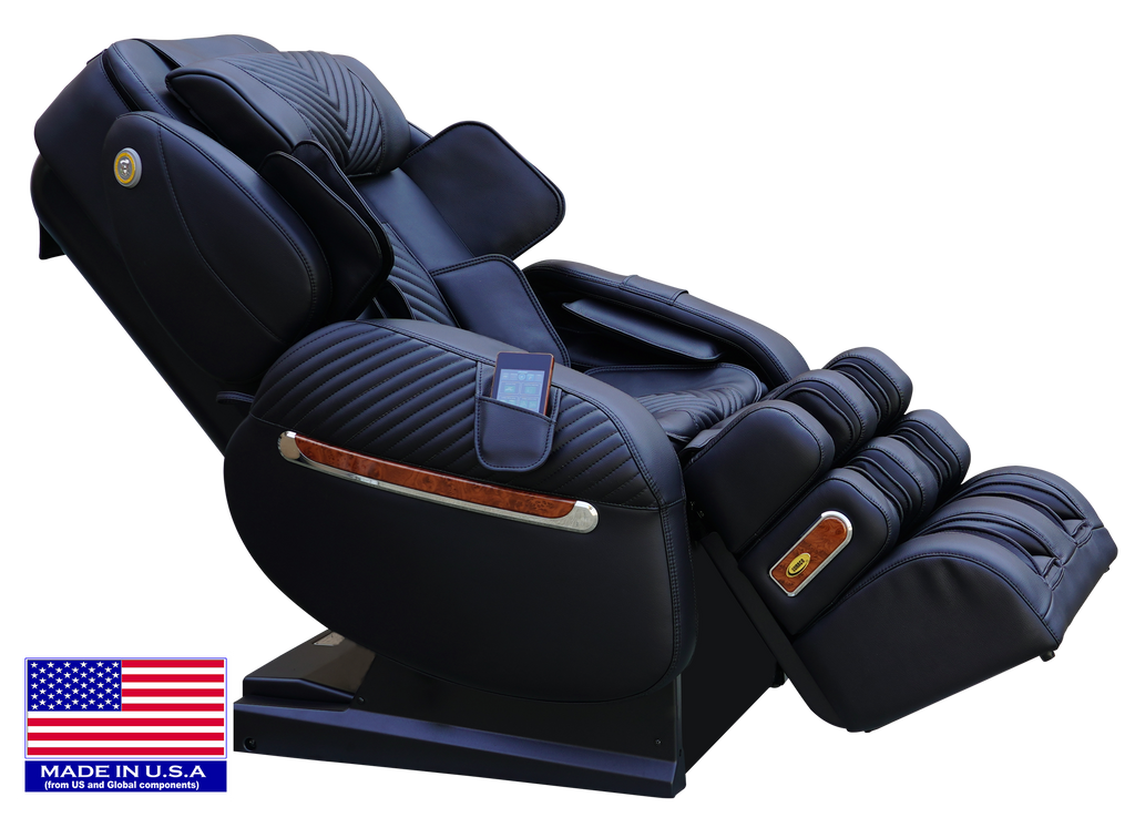 Black LURACO i9 MAX Plus massage chair, angled view with Made in USA badge