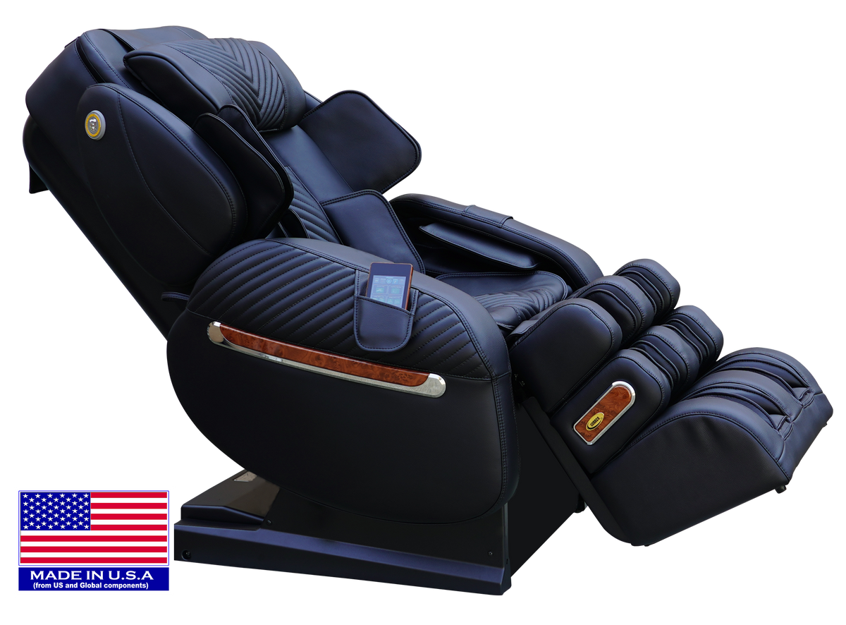 Black LURACO i9 MAX Plus massage chair, angled view with Made in USA badge