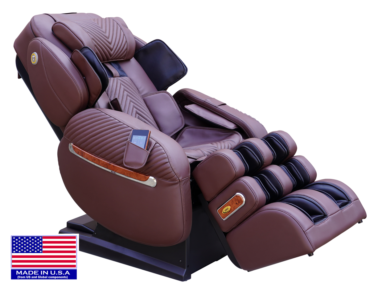 Chocolate LURACO i9 MAX Plus reclined plain-background view with US flag