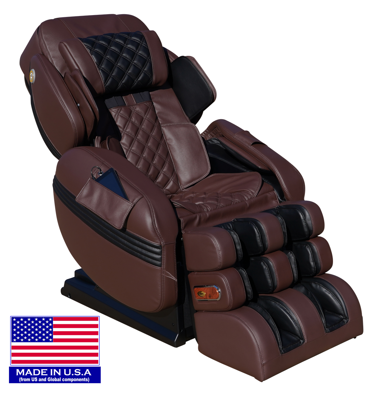 LURACO Model 3 Hybrid SL massage chair in chocolate, side view with Made in USA badge