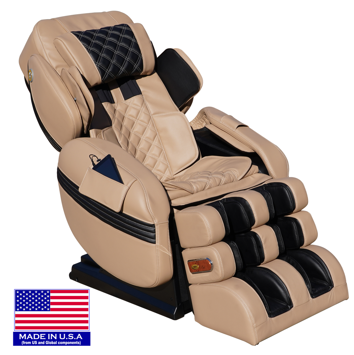 LURACO Model 3 Hybrid SL massage chair in cream, side view with Made in USA badge