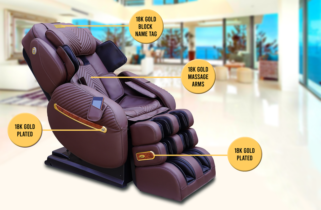 Chocolate Royal Edition overview highlighting the gold nameplate, massage arms and plated trims