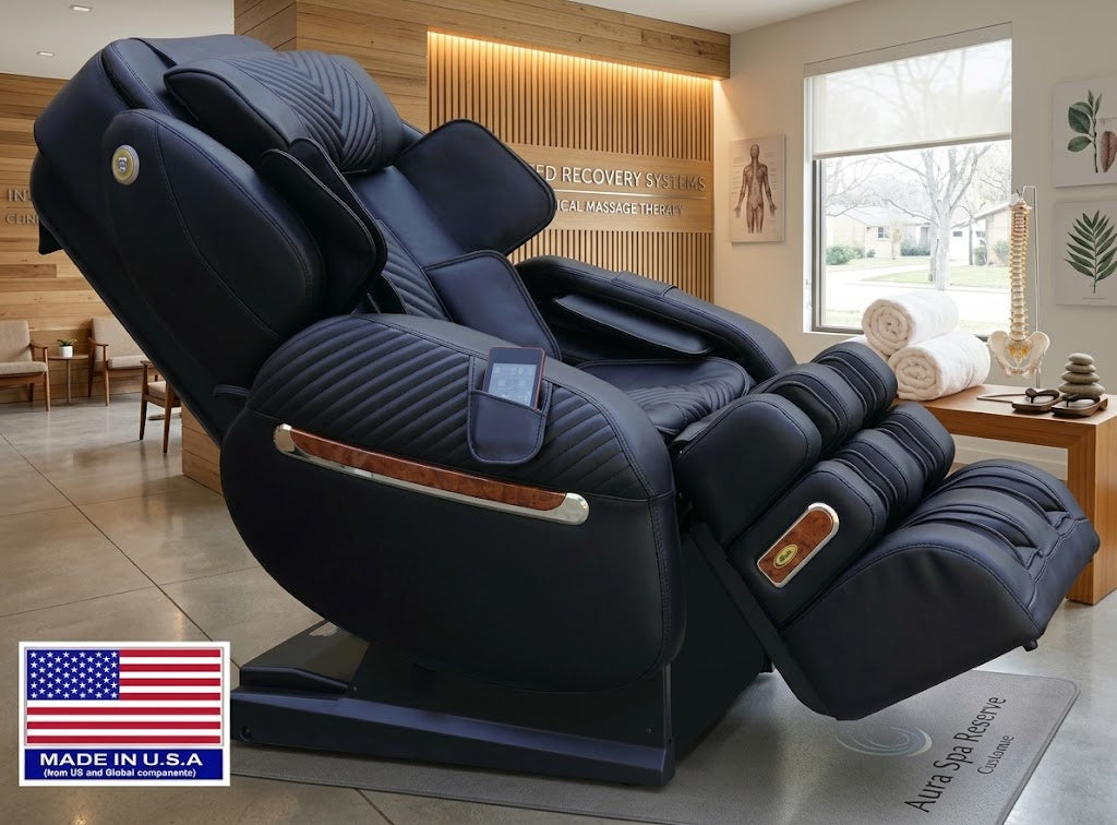 Black LURACO i9 MAX Plus massage chair in a staged recovery clinic