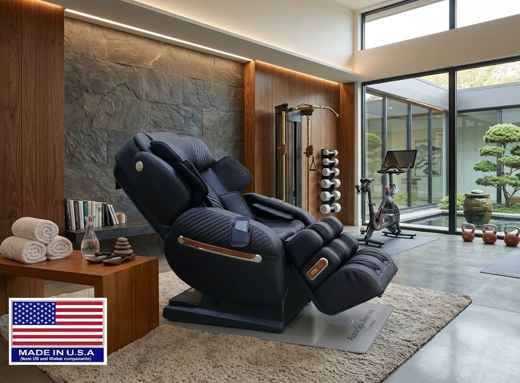 Black LURACO i9 MAX Plus massage chair in a staged home wellness studio