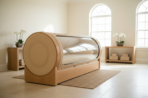 Luxury Hyperbaric Chamber with panoramic viewing window in a bright spa setting