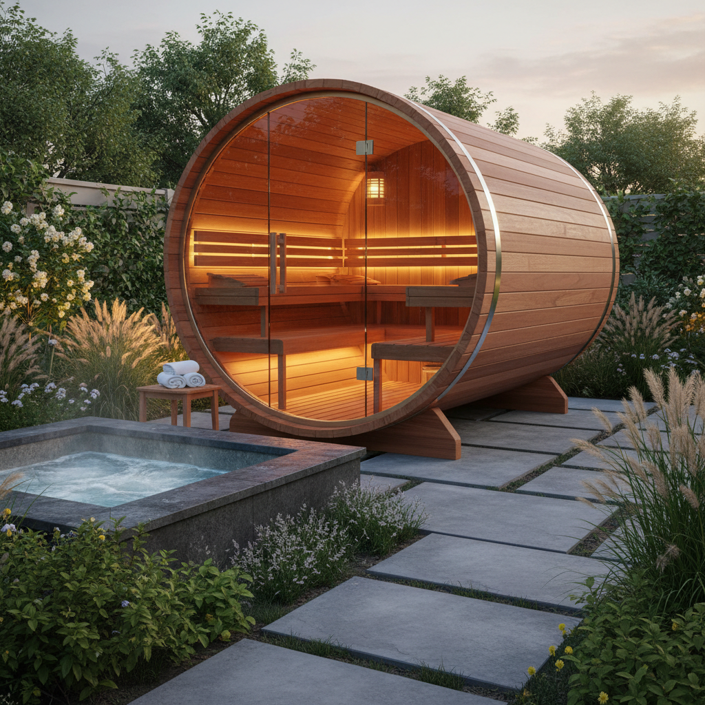 Cedar Barrel Outdoor Sauna with Panoramic Window