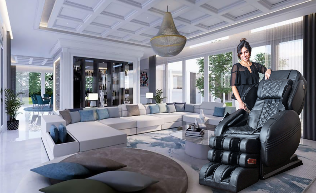 Black LURACO massage chair styled in a modern living room