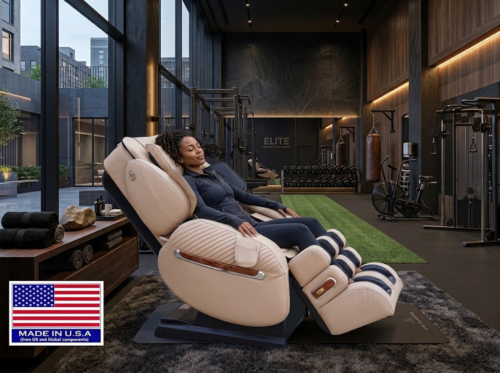Cream LURACO i9 MAX Plus with a seated person in a staged gym